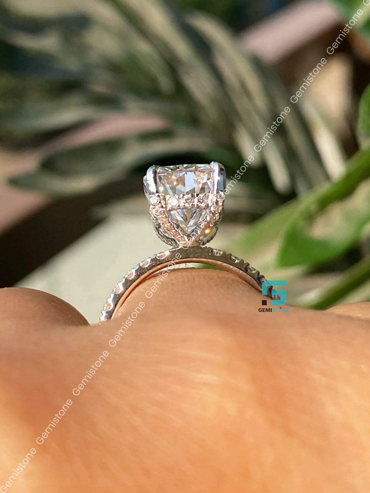 Big Radiant Hidden Halo Moissanite Pave Band Wedding Ring
