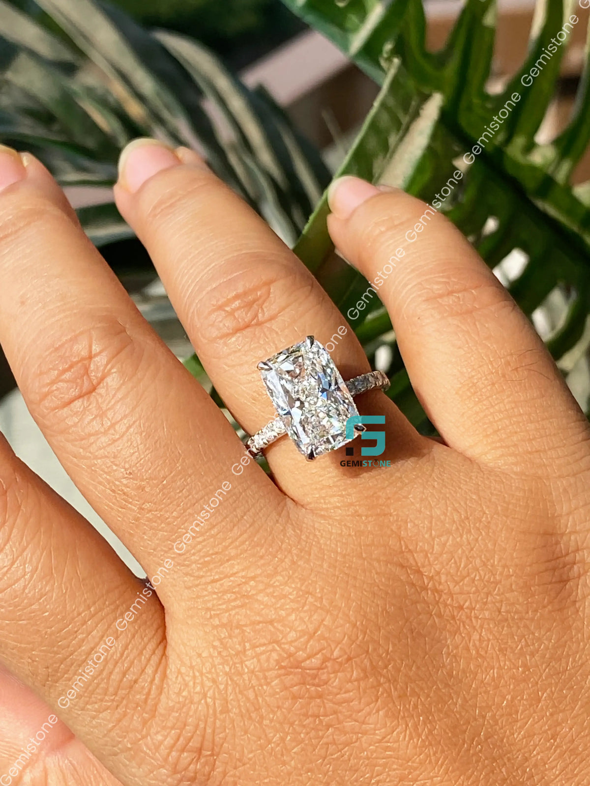 Big Radiant Hidden Halo Moissanite Pave Band Wedding Ring
