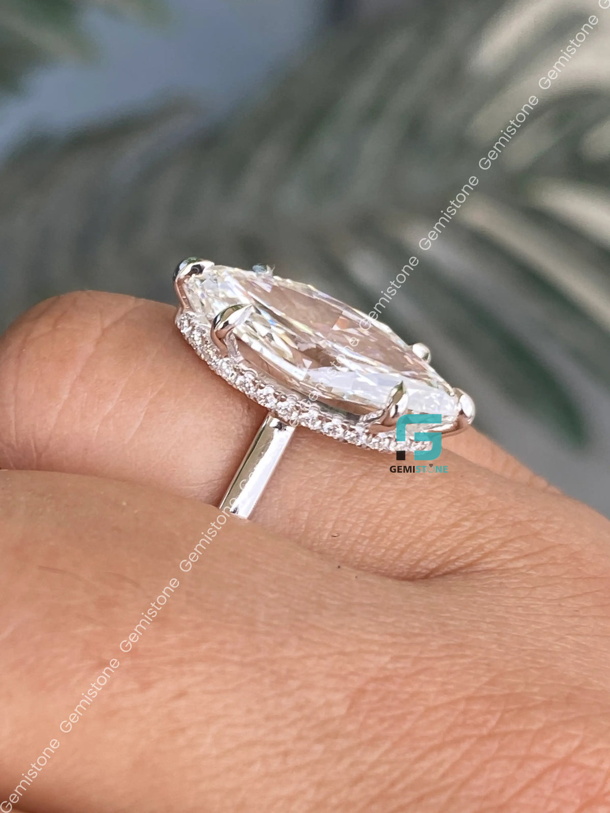 5CT Elongated Marquise Cut Hidden Halo Moissanite Engagement Ring