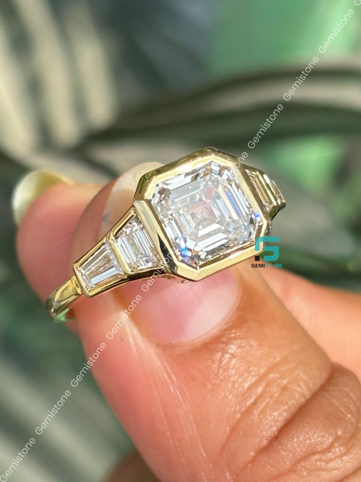 3CT Asscher Cut Bzezel Set Moissanite Five Stone Wedding Ring