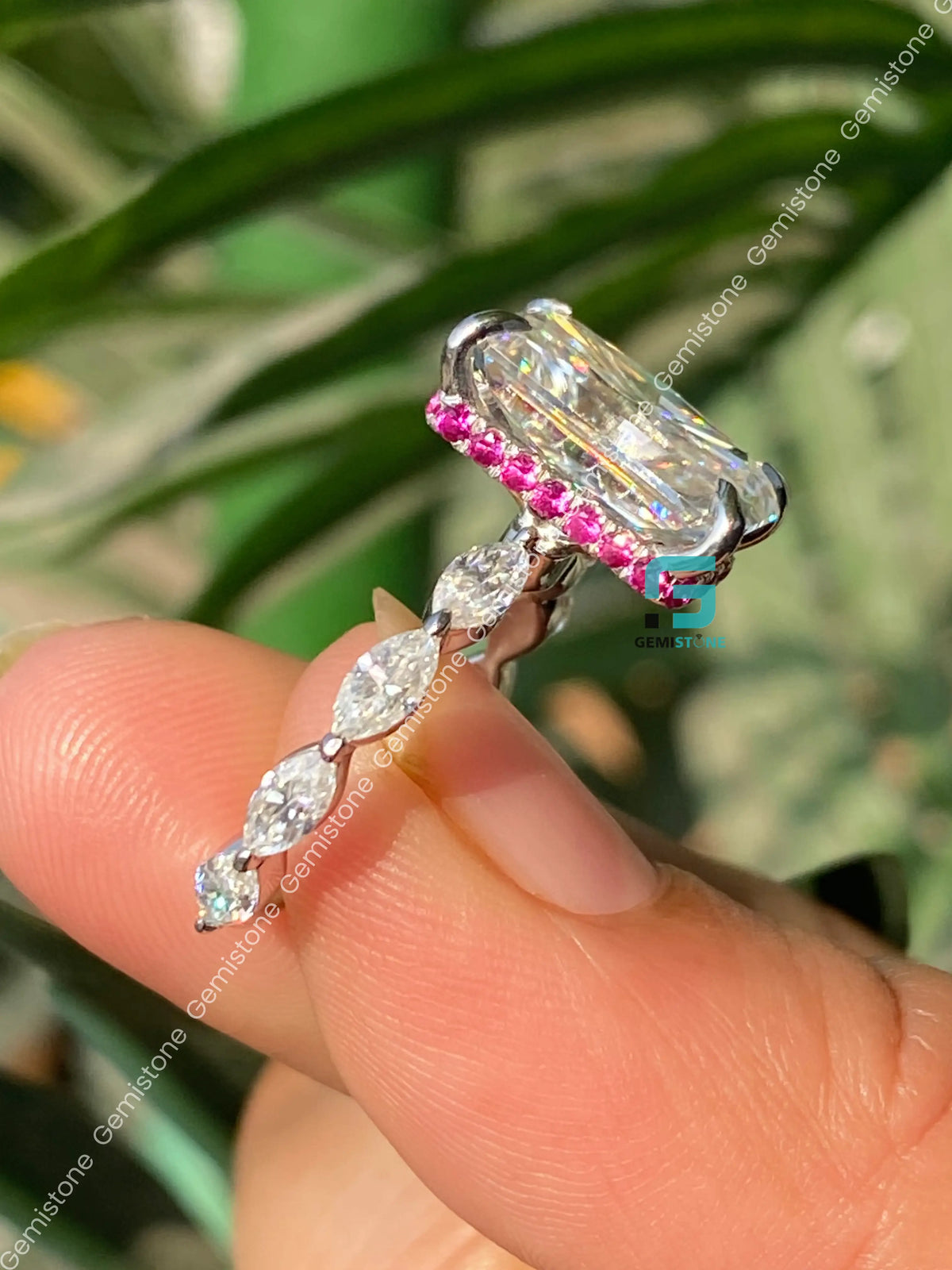 5CT Radiant Cut Pink Hidden Halo Moissanite Marquise Pave Band Ring