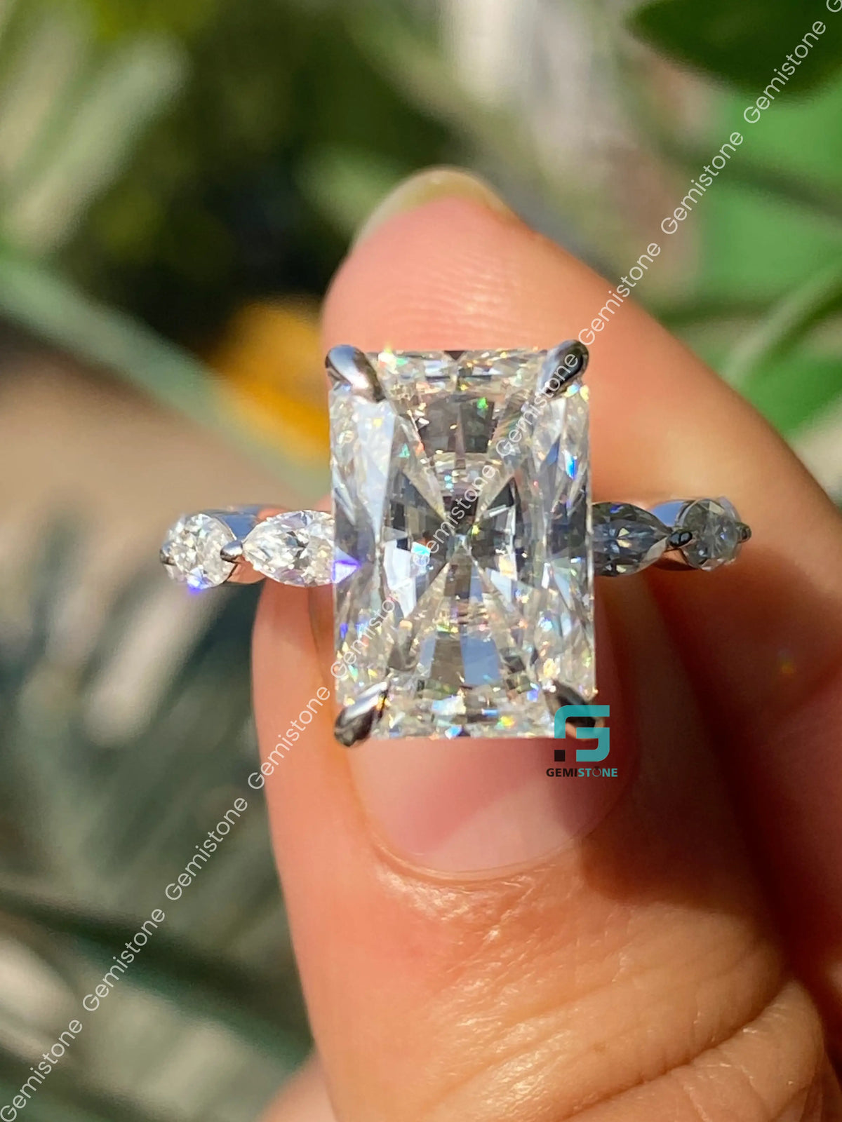 5CT Radiant Cut Pink Hidden Halo Moissanite Marquise Pave Band Ring
