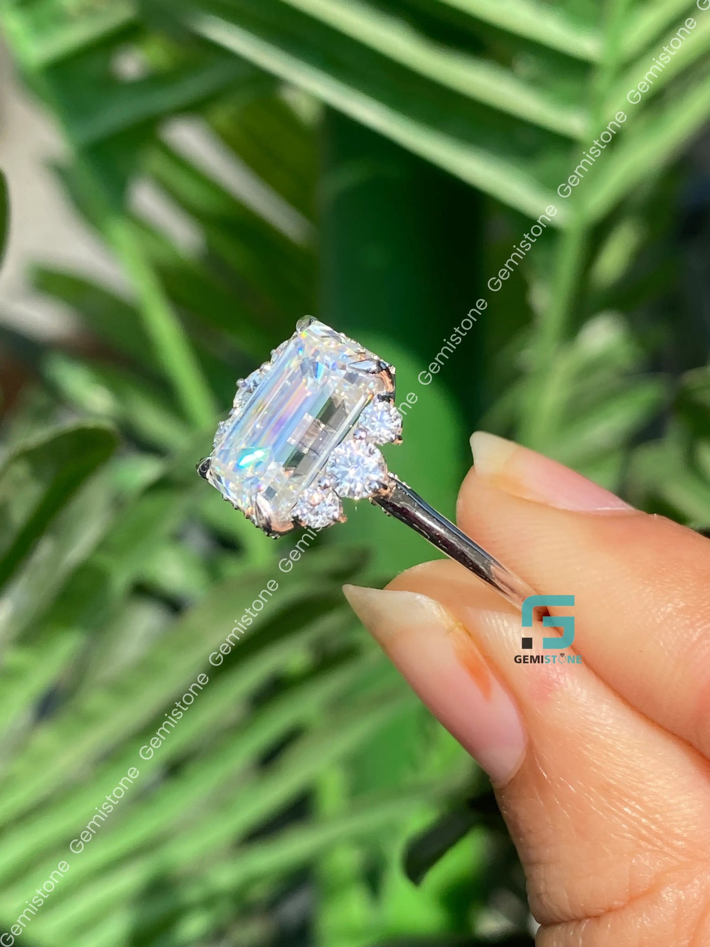 5 CT Emerald Cut Hidden Halo Moissanite Engagement Ring