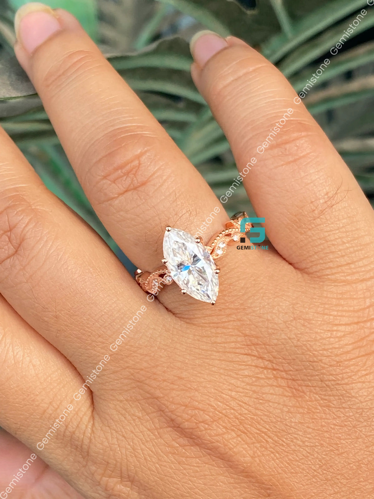 Marquise Natural Inspired Moissanite Tulip Setting Bridal Ring