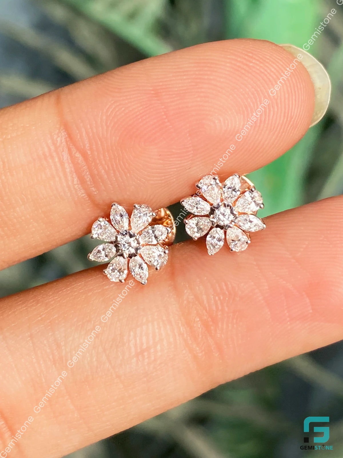 14K Gold Floral Shape Moissanite Diamond Stud Earrings For Women