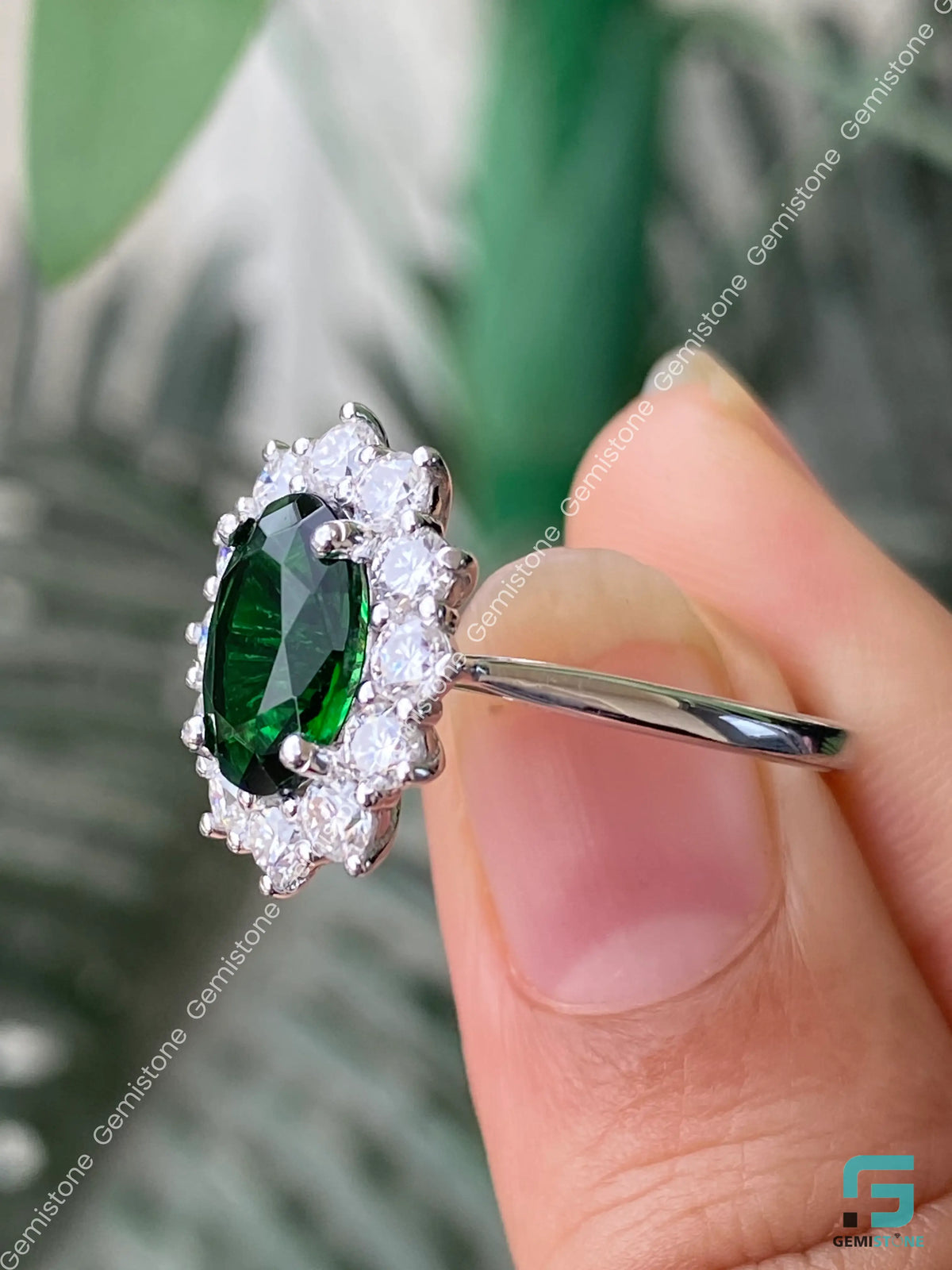 14K Gold Green Oval Diamond Moissanite Floral Halo Ring