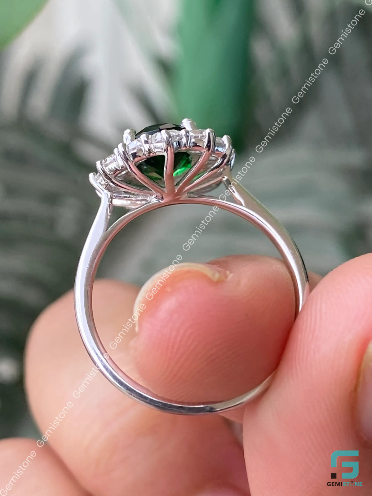 14K Gold Green Oval Diamond Moissanite Floral Halo Ring For Women