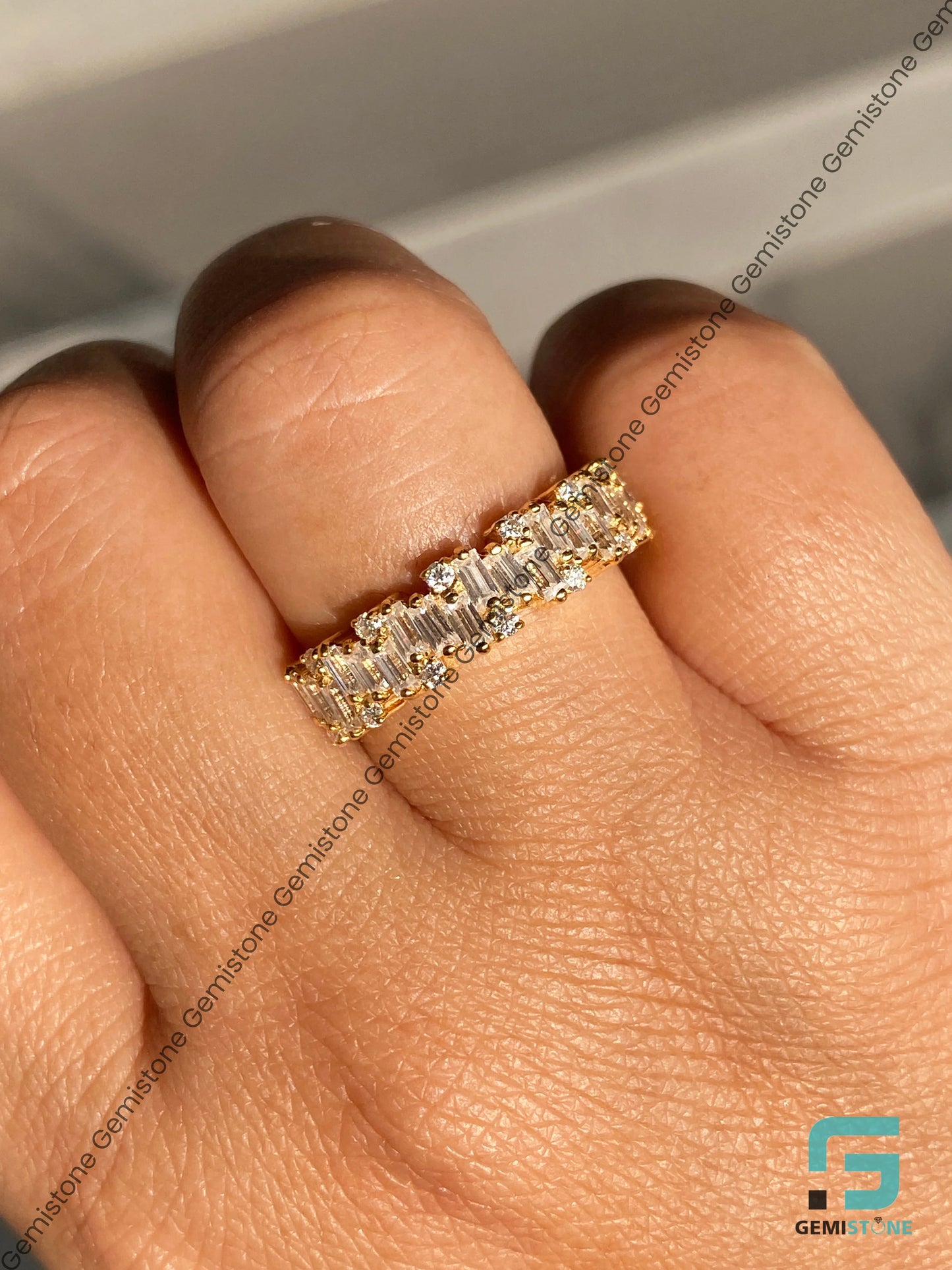 14K Solid Gold Baguette Moissanite Half Eternity Wedding Band For Her