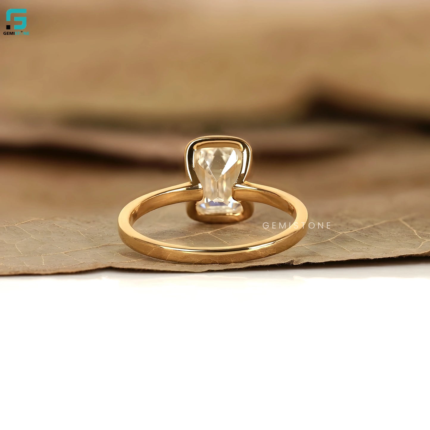 14K Solid Gold Emerald Cut Half Bezel Set Lab Diamond Ring
