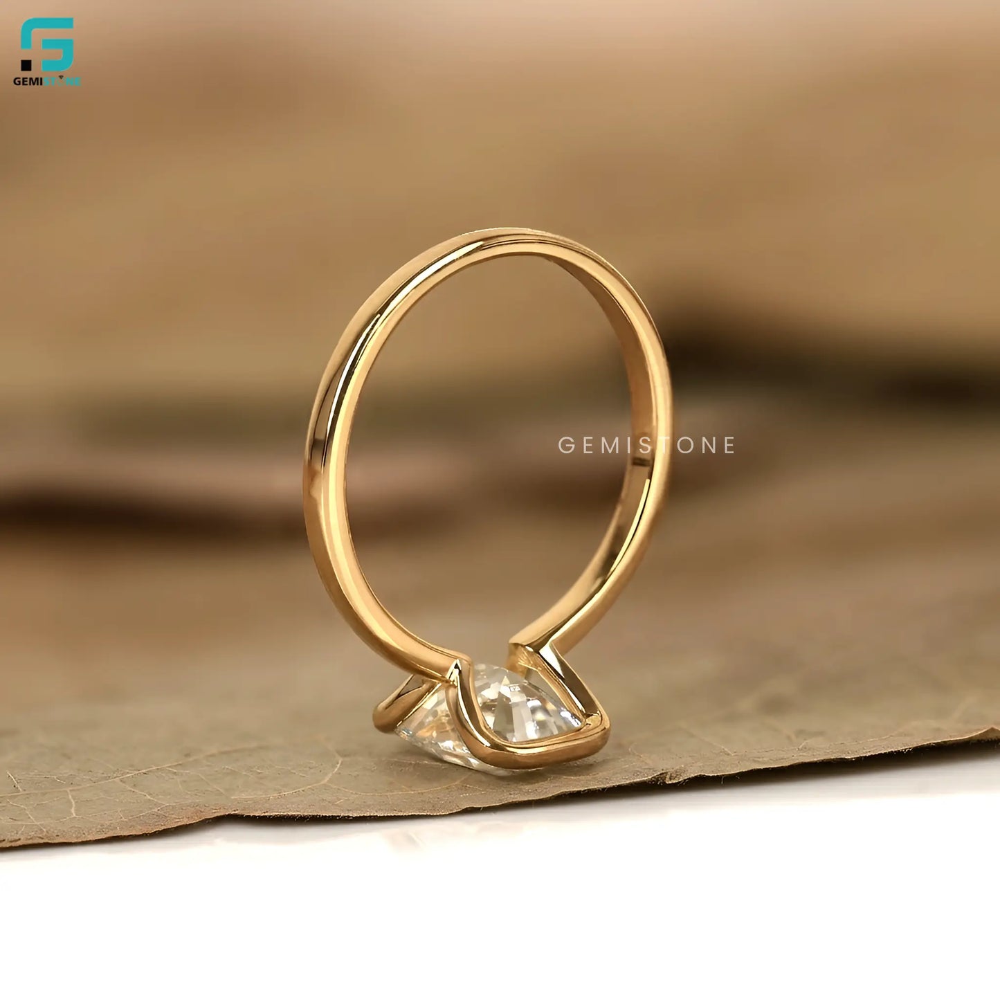14K Solid Gold Emerald Cut Half Bezel Set Lab Diamond Ring For Women