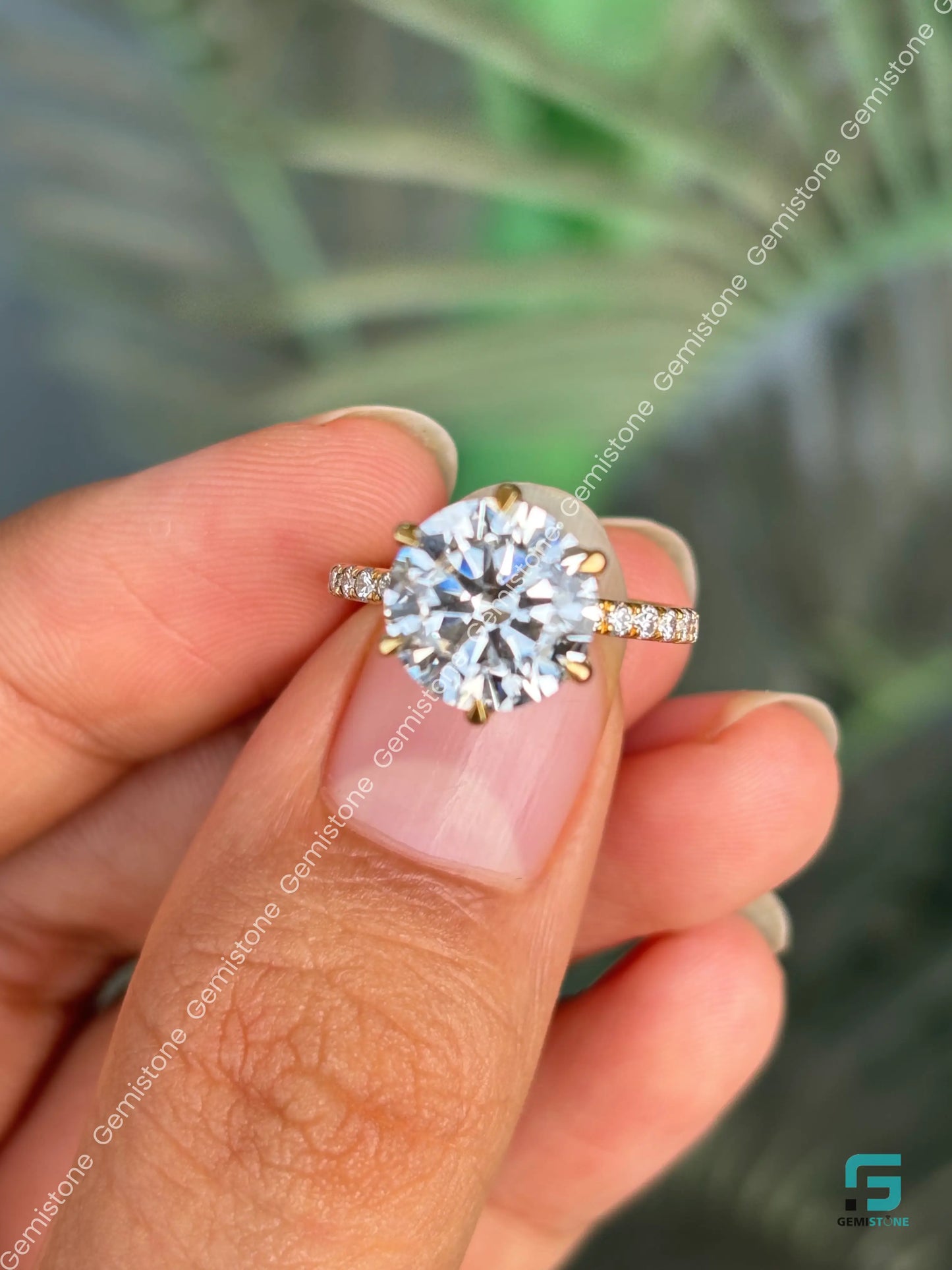 14K Solid Gold Moissanite Round Cut Tulip Set Pave Band Ring 