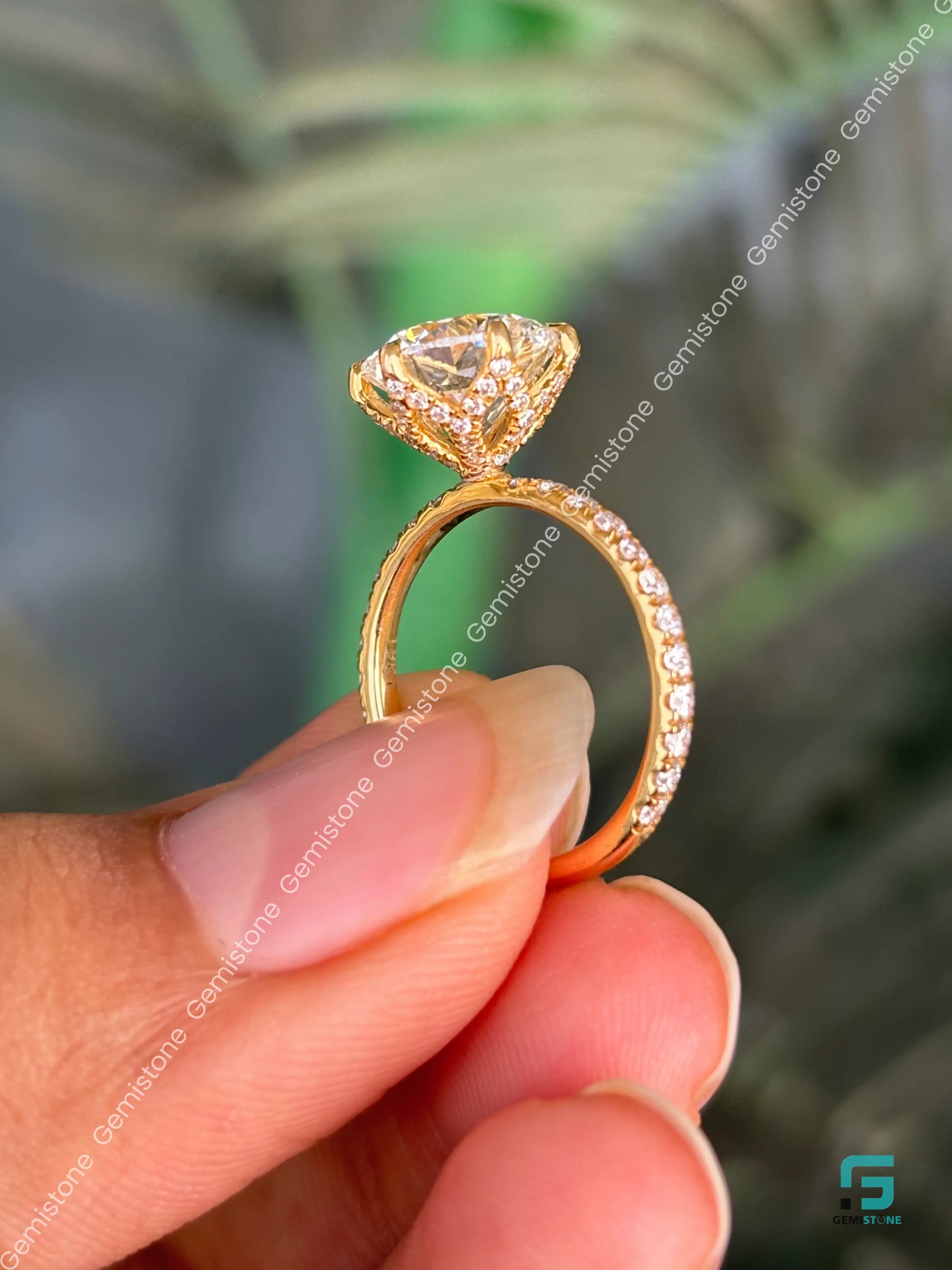 14K Solid Gold Moissanite Round Cut Tulip Set Pave Band Ring For Women