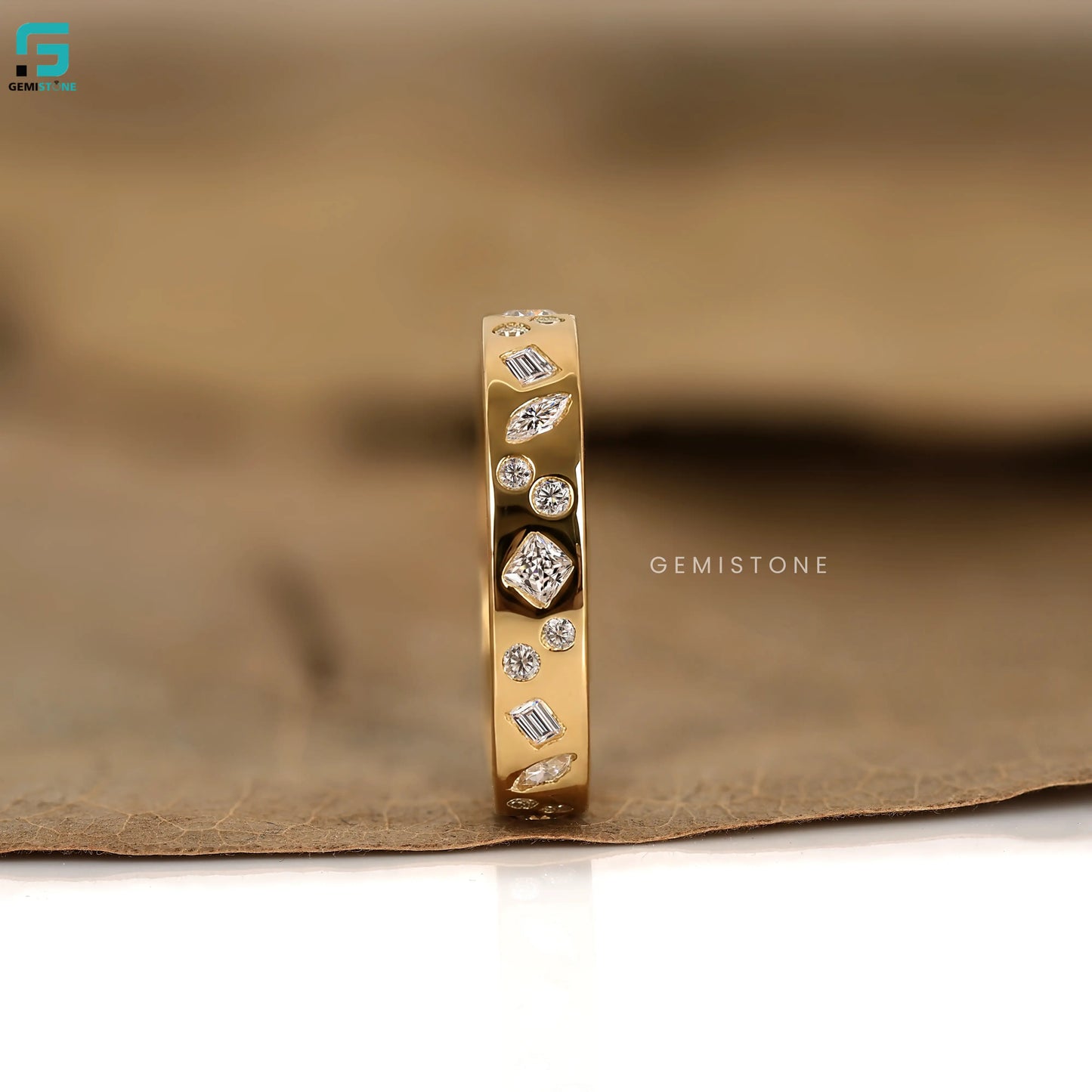 14K Solid Gold Mosaic Stone Flush Band