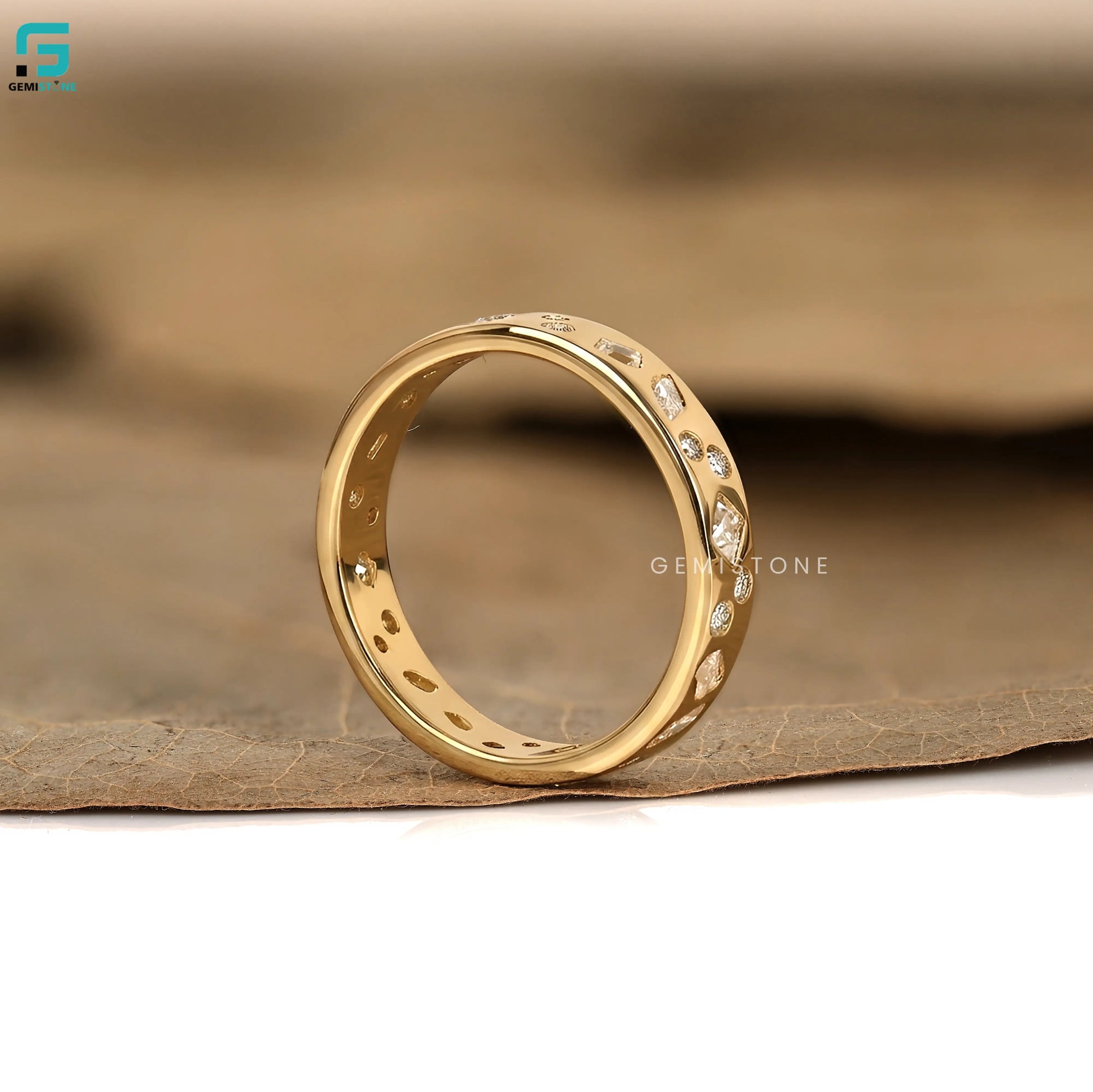 14K Solid Gold Mosaic Stone Flush Band For Women