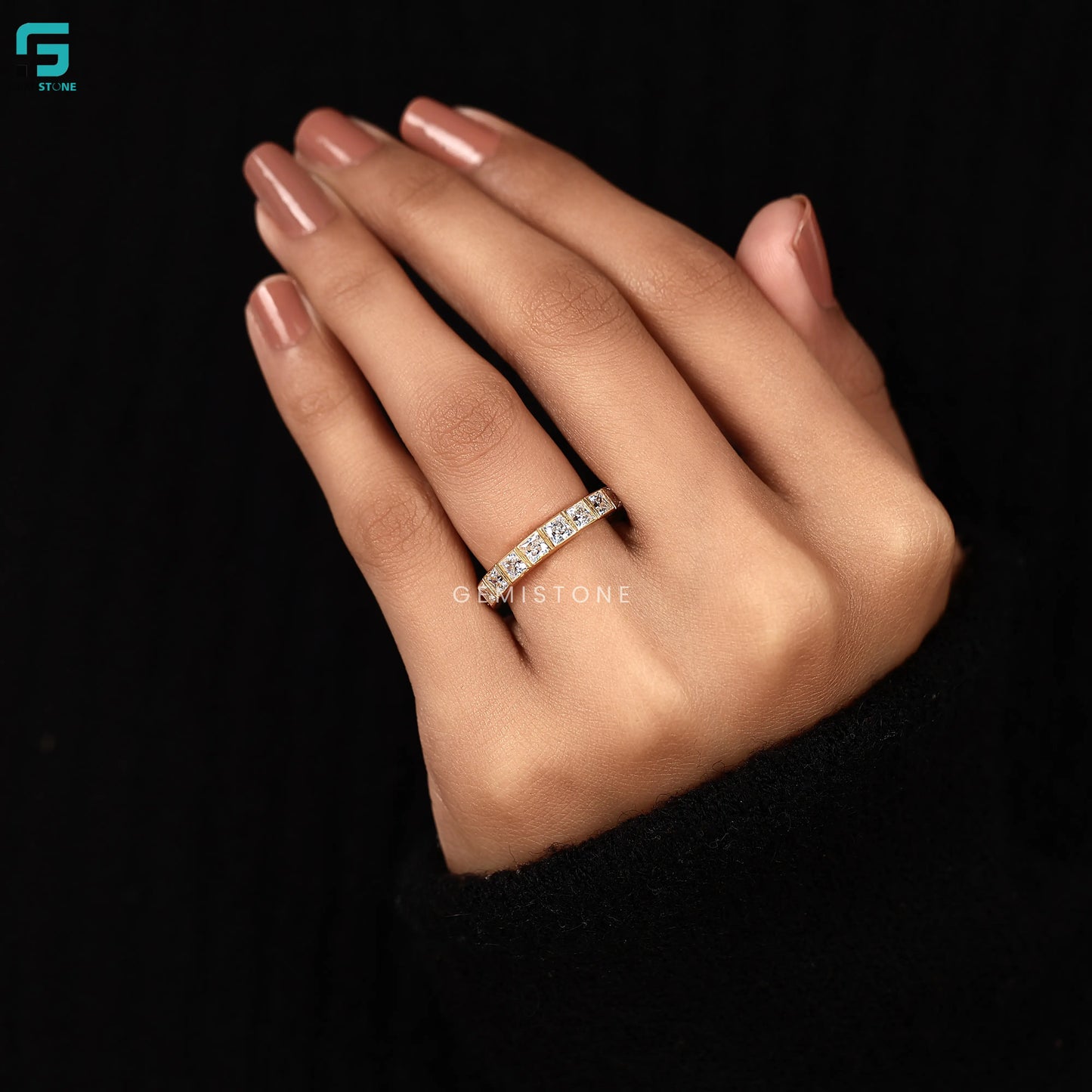 14K Solid Gold Princess Cut Channel Set Band For Women