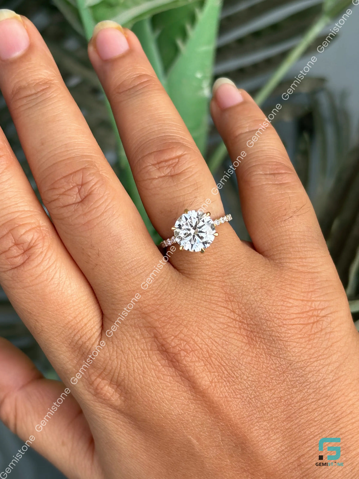 14K Solid Gold Round Cut Tulip Set Moissanite Pave Band Ring For Women