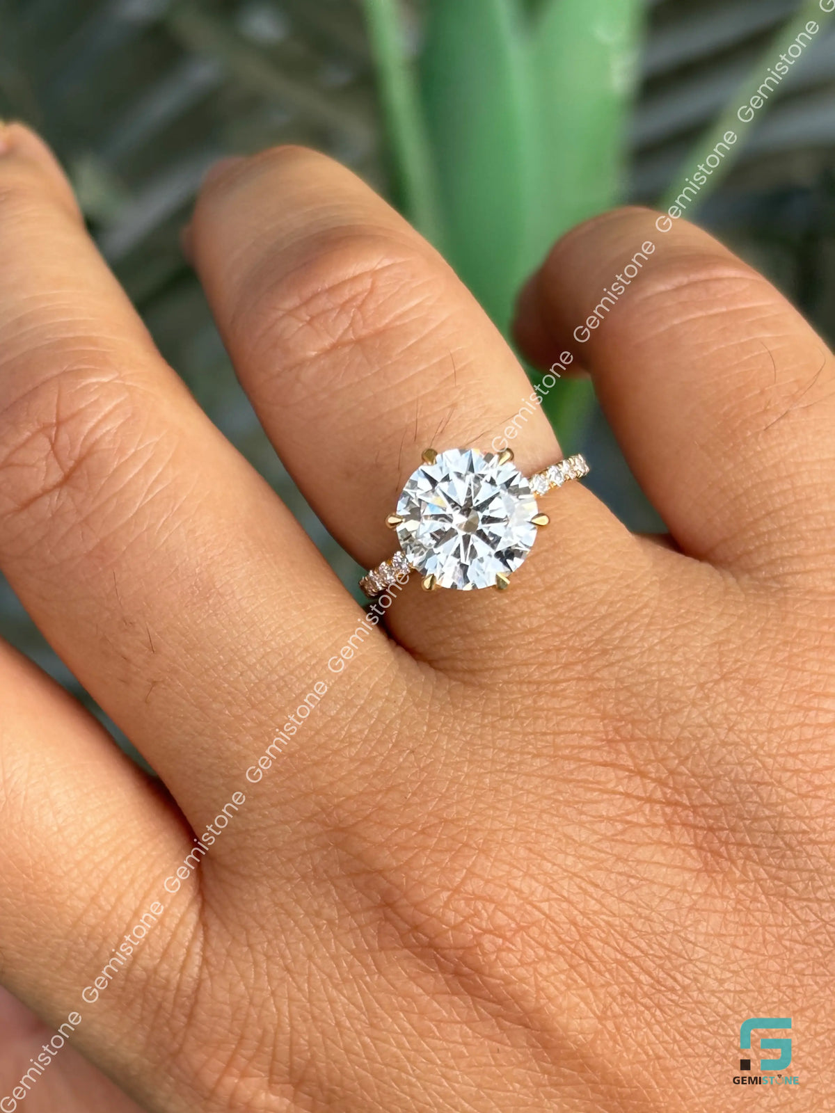 14K Solid Gold Round Cut Tulip Set Pave Band Moissanite Ring 