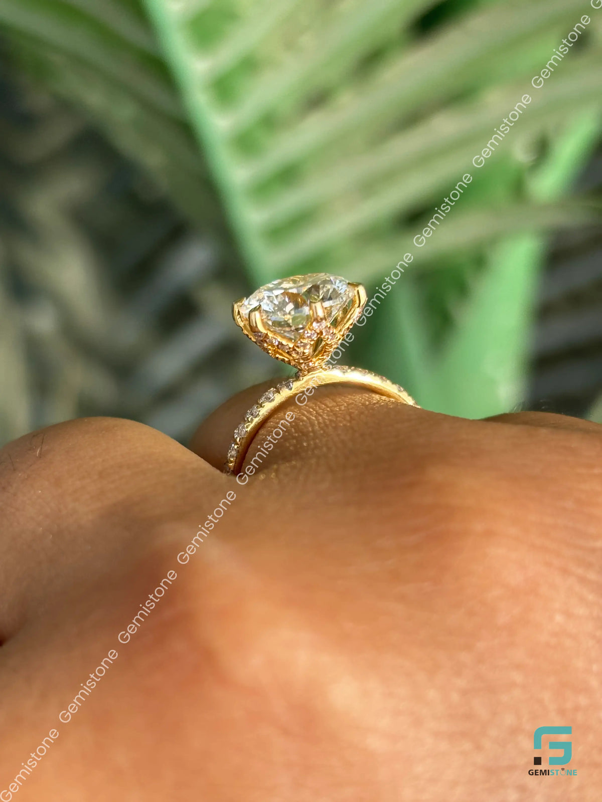 14K Solid Gold Round Cut Tulip Set Pave Band Moissanite Ring For Women