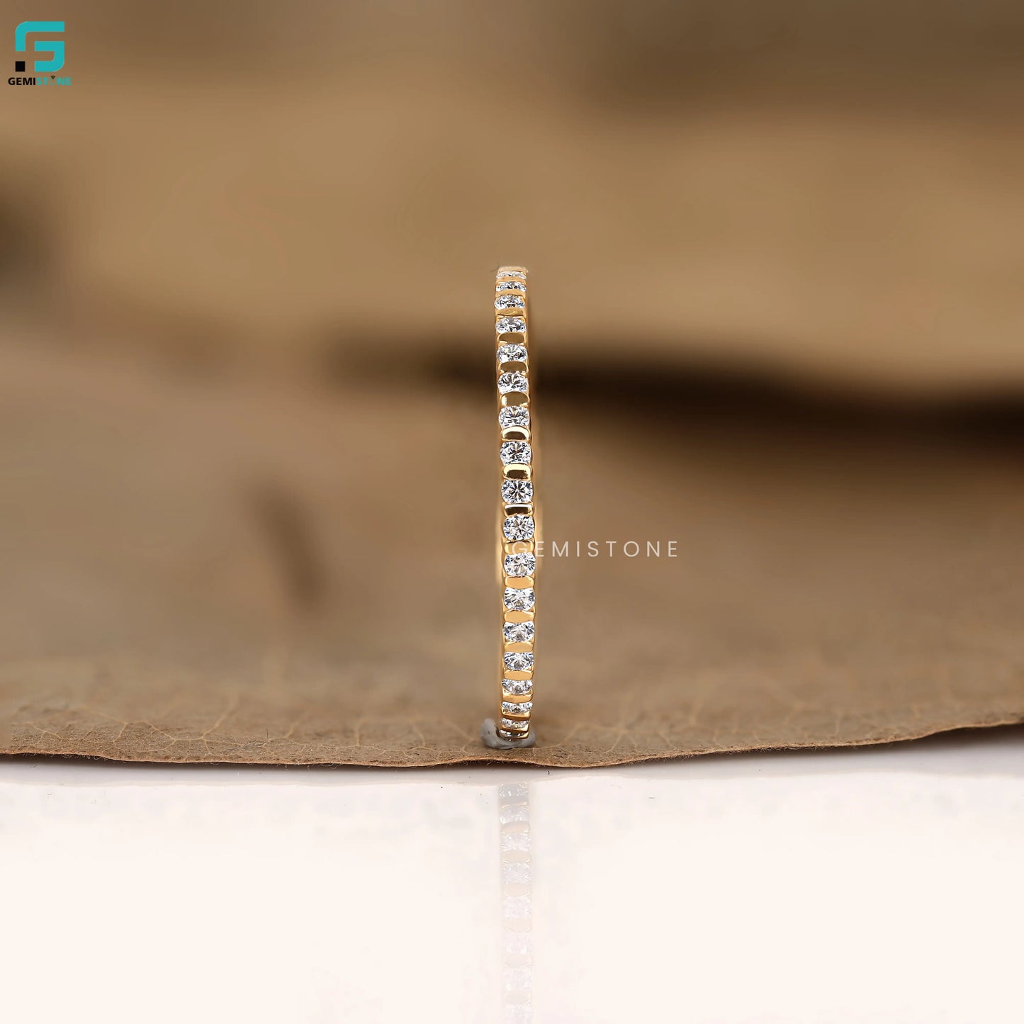 14K Solid Yellow Gold Round Full Eternity Wedding Dainty Band