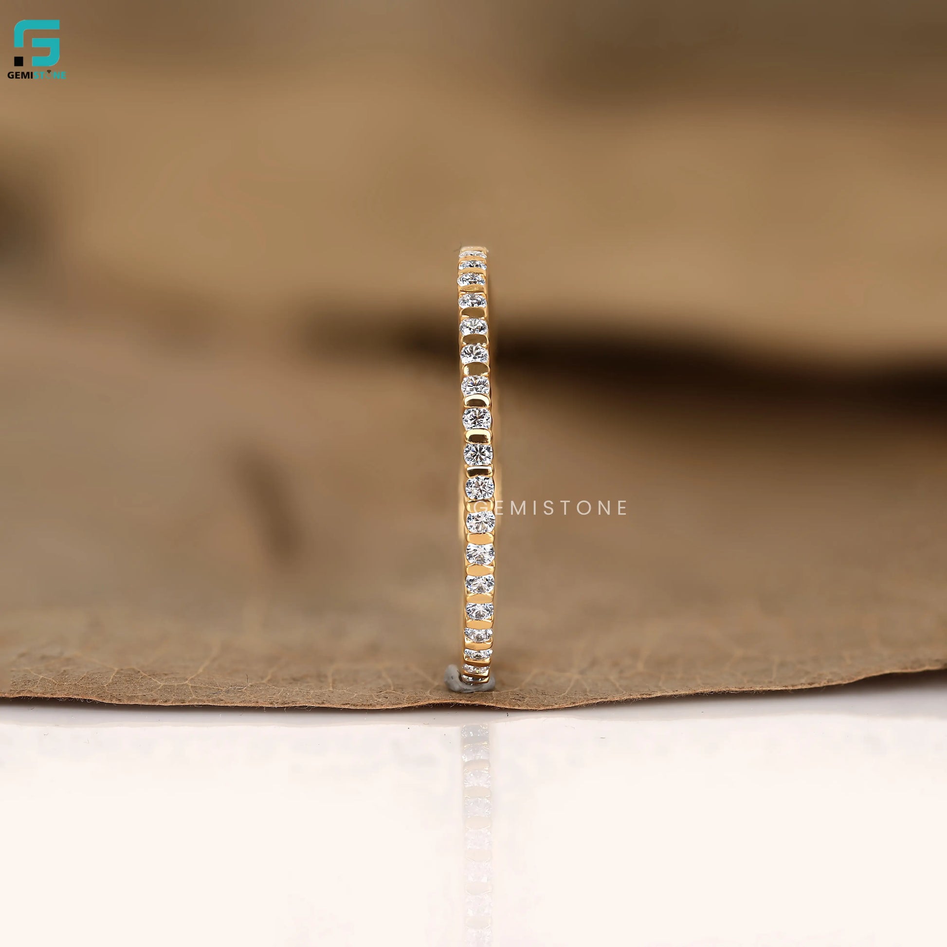 14K Solid Yellow Gold Round Full Eternity Wedding Dainty Band