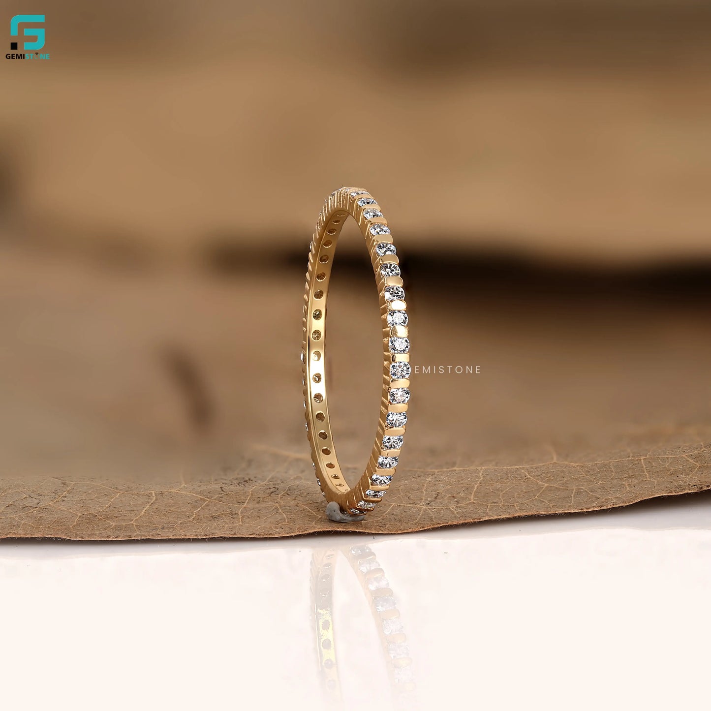 14K Solid Yellow Gold Round Full Eternity Wedding Dainty Band For Women