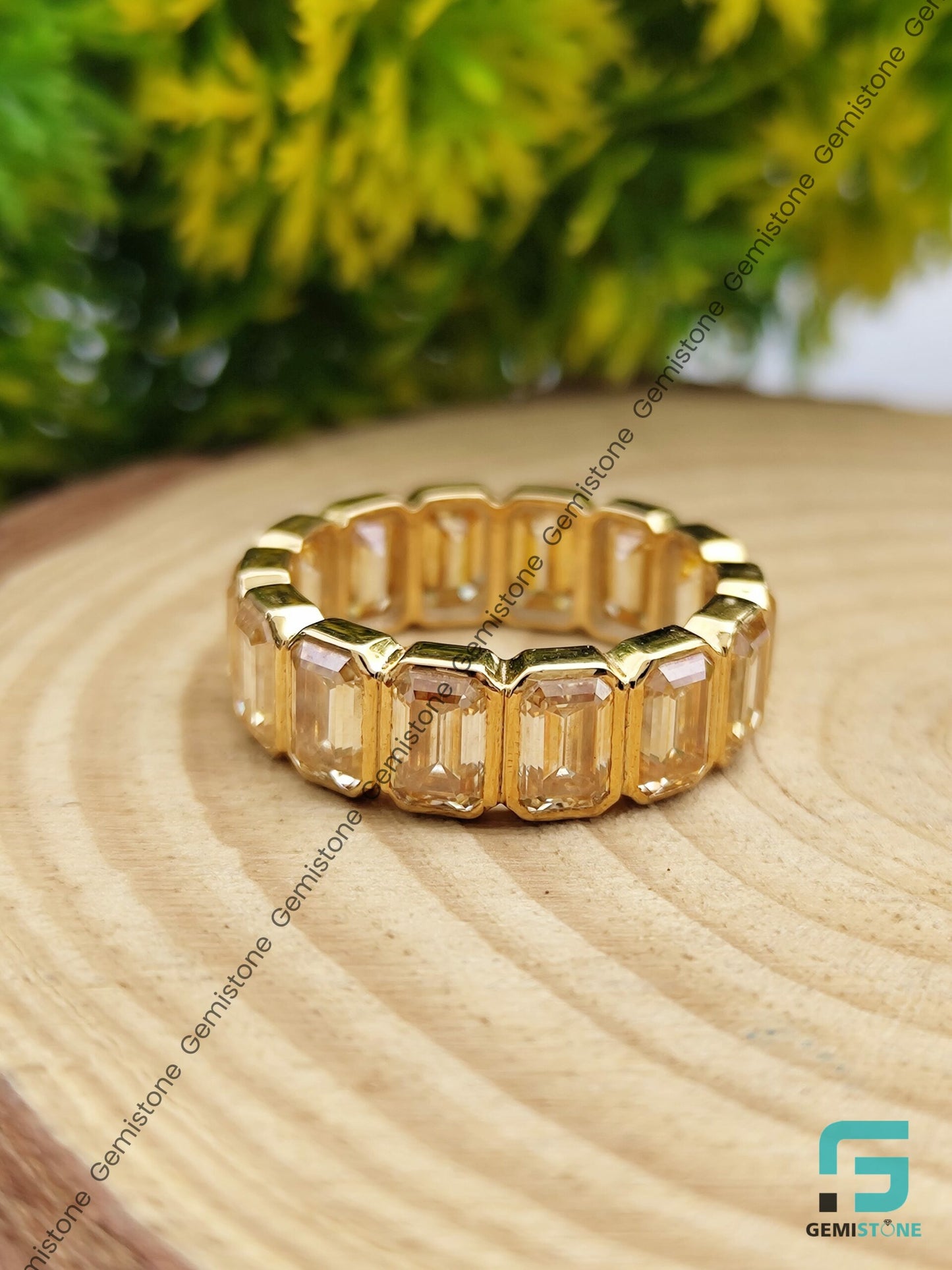 Bezel Setting Emerald Cut Canary Diamond Wedding Band