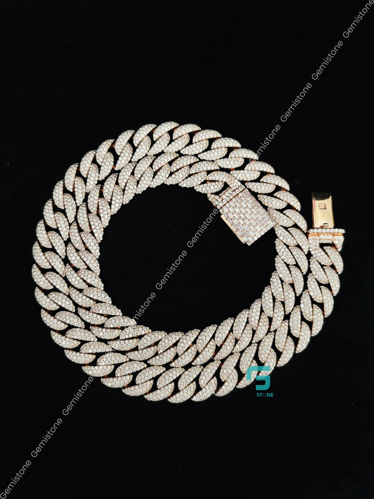 925 Silver 18MM Baguette and Round Diamond Cuban Link Chain