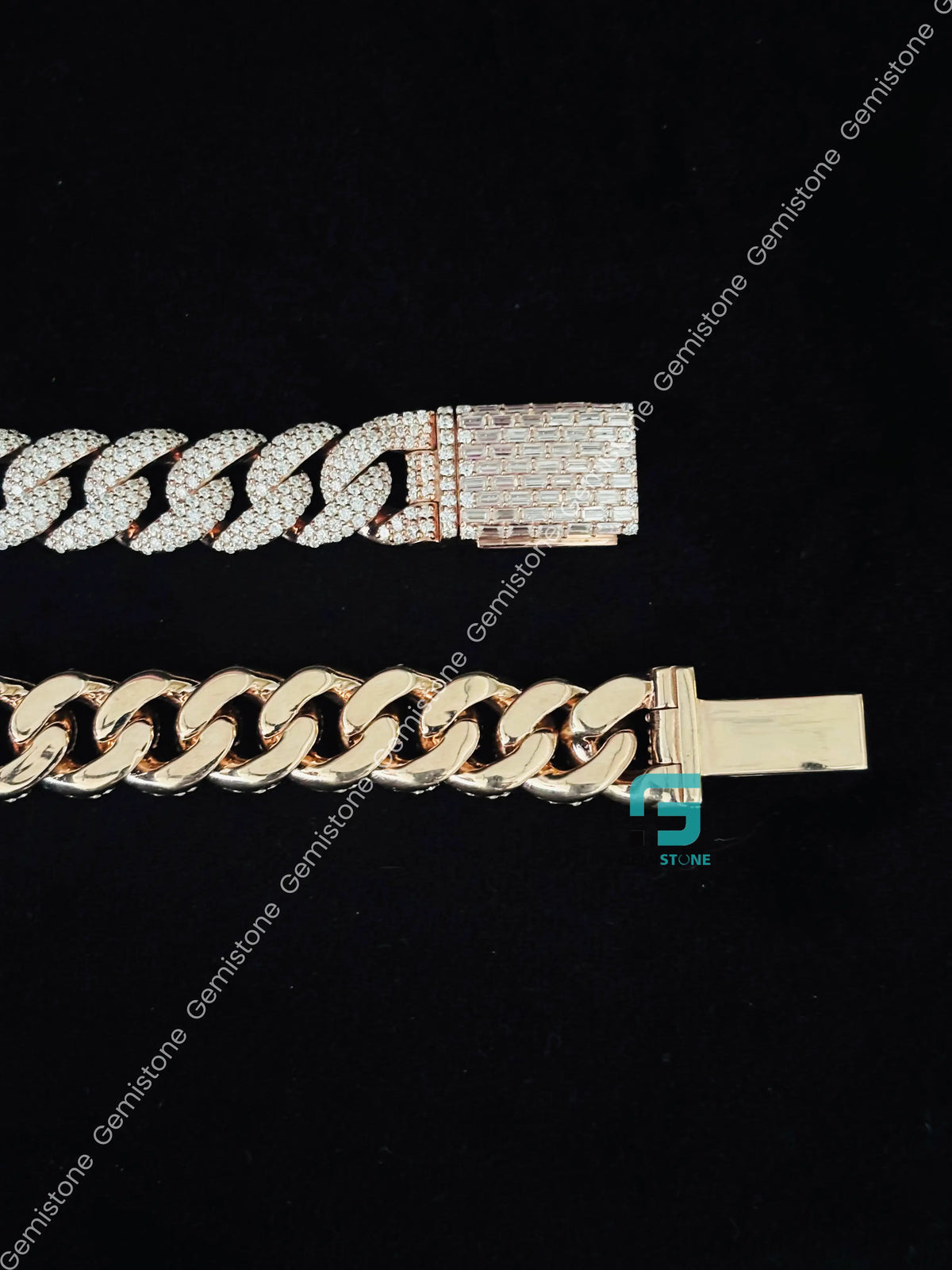 925 Silver 18MM Baguette and Round Diamond Cuban Link Chain