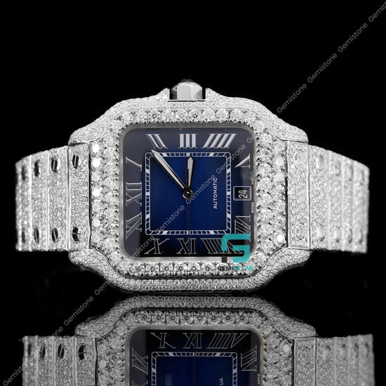 Trendy Royal Blue Dial Moissanite Diamond Studded Watch