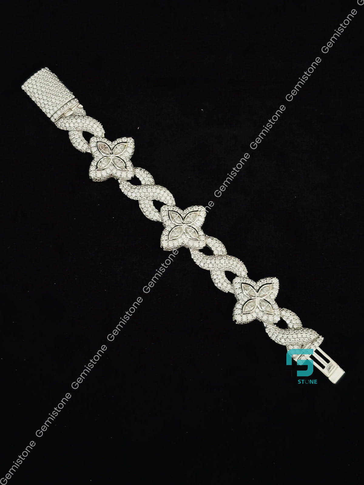 925 Silver 20MM White Marquise Iced Out Moissanite Clover Bracelet