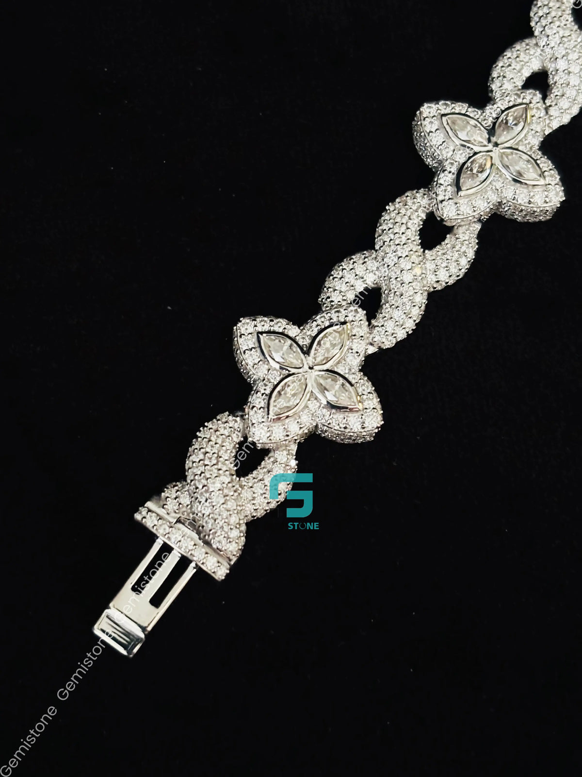 925 Silver 20MM White Marquise Iced Out Moissanite Clover Bracelet
