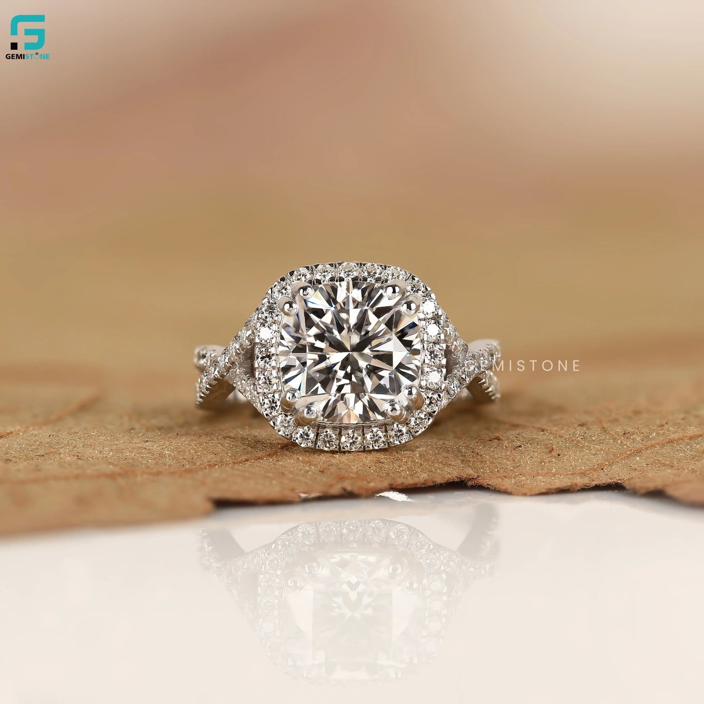 Cushion Cut Halo With Twisted Band Lab Diamond Ring