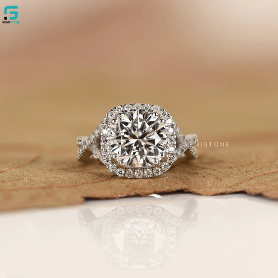 Cushion Cut Halo With Twisted Band Lab Diamond Ring