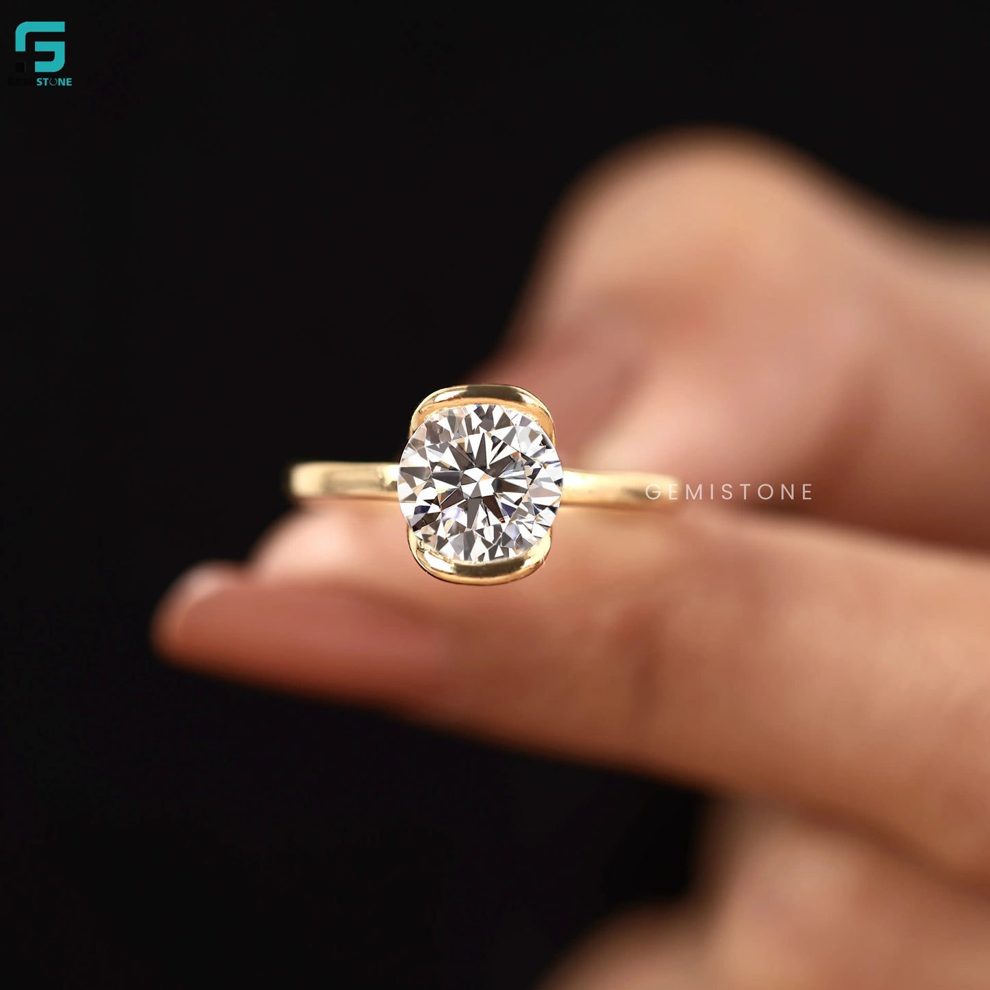 Solitaire Round Cut Lab Diamond Half Bezel Set Anniversary Ring