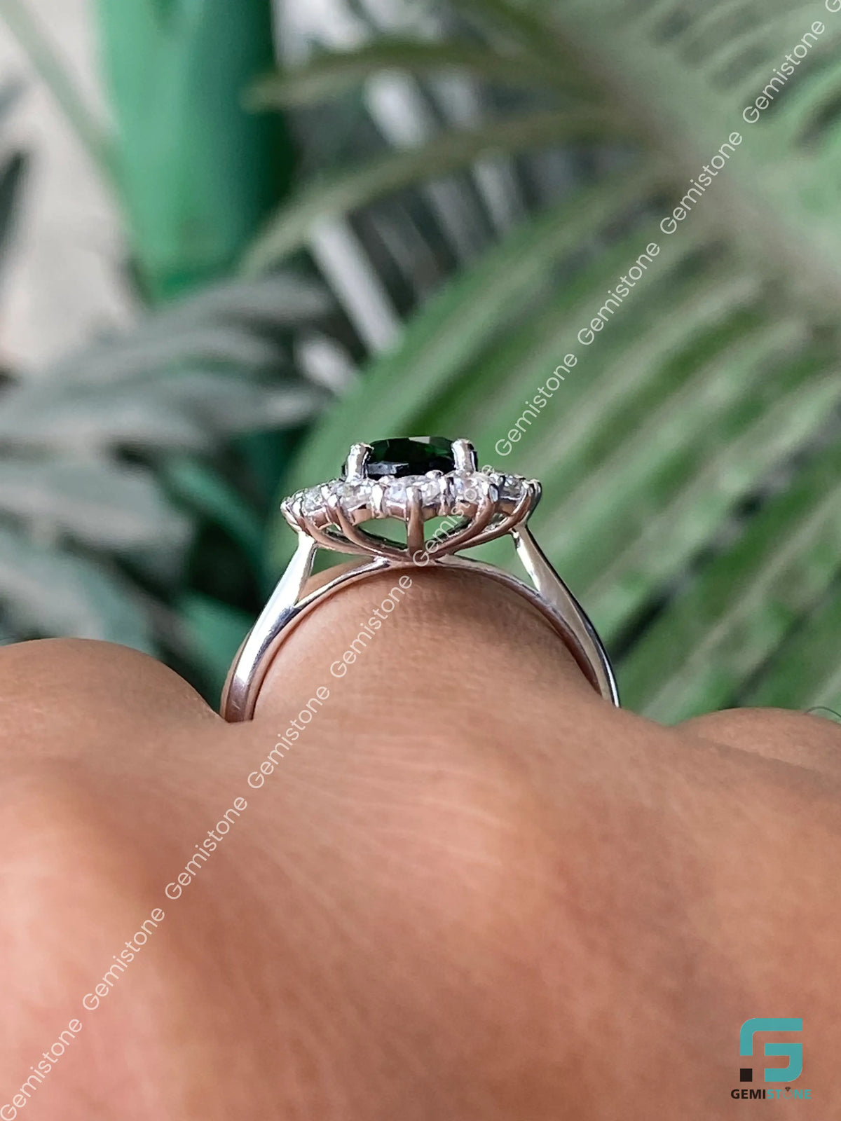 2CT Green Oval Diamond Floral Halo Moissanite Ring 