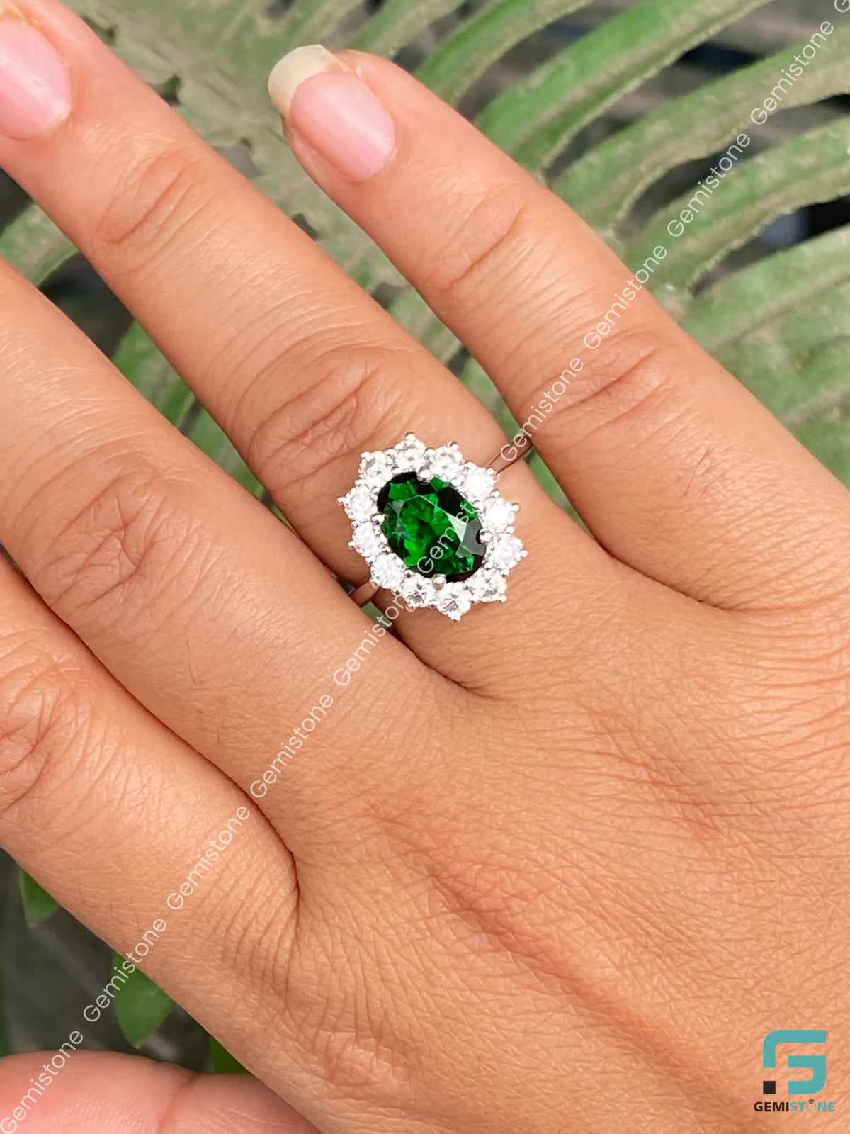 2CT Green Oval Diamond Floral Halo Moissanite Ring For Women
