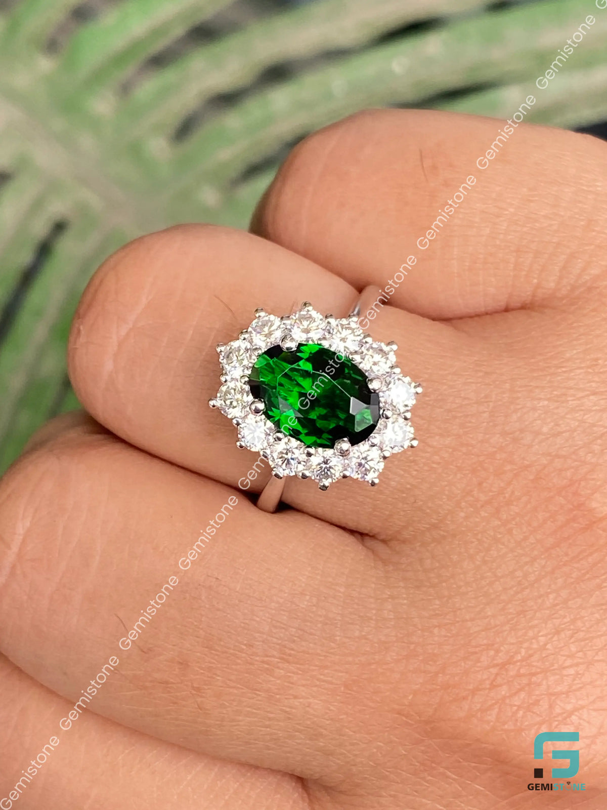 2CT Green Oval Diamond Moissanite Floral Halo Ring