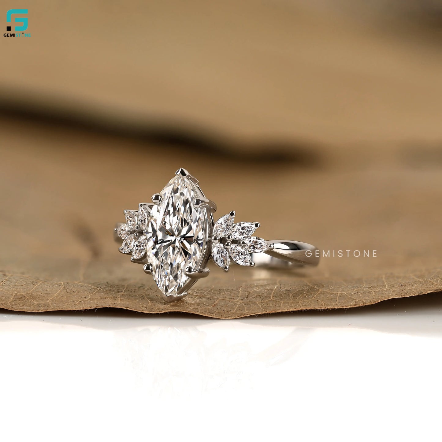 2CT Marquise and 1CTSide Stone Leaf Shape Lab Diamond Wedding Ring For Women
