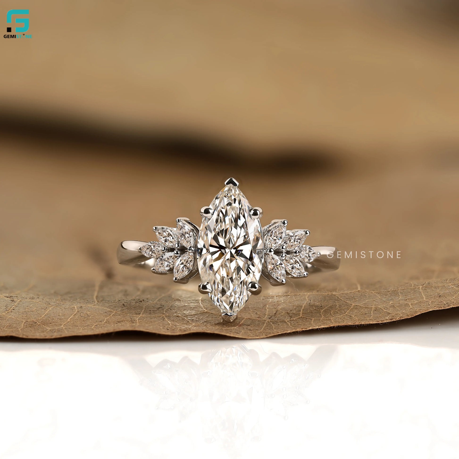2CT Marquise and 1CT Side Stone Leaf Shape Lab Grown Diamond Wedding Ring 