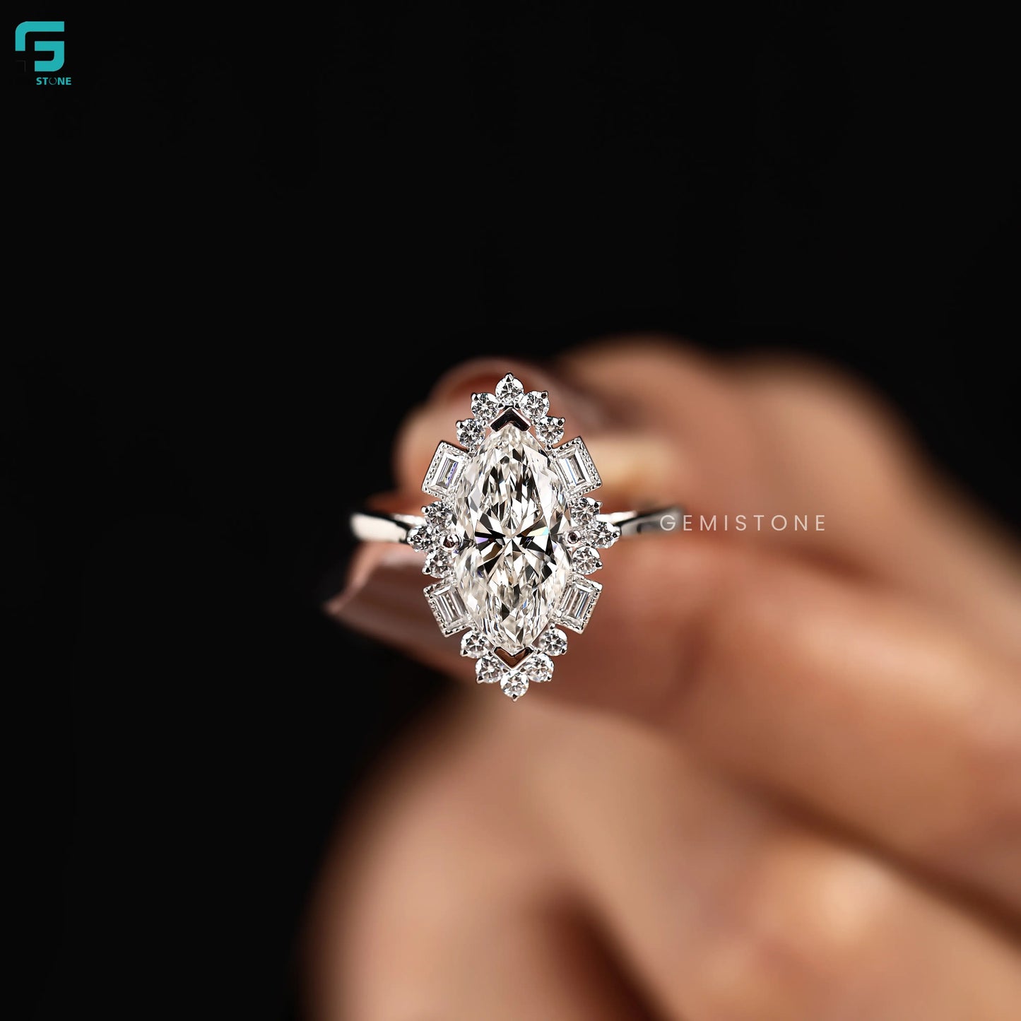 2CT Marquise and Baguette Halo Lab Diamond Wedding Ring