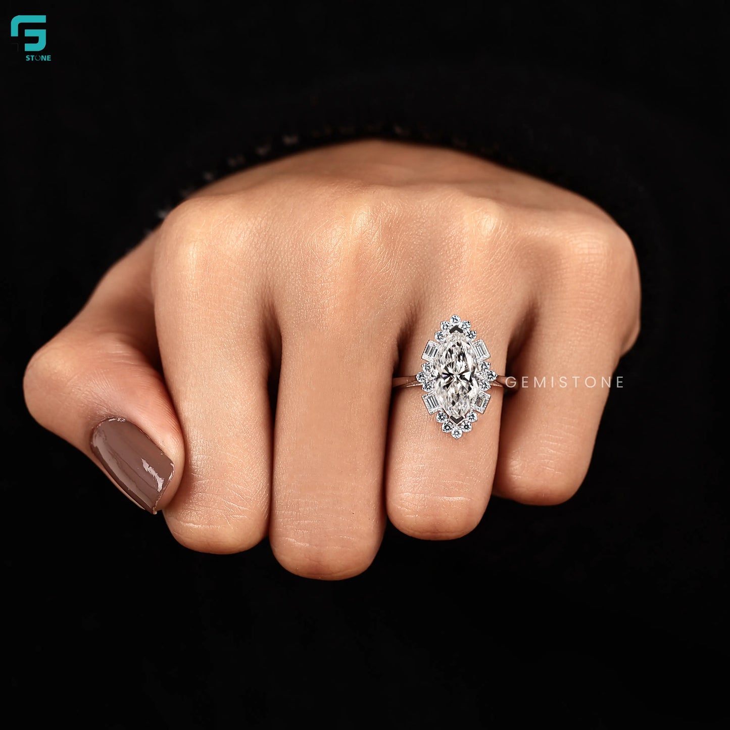 2CT Marquise and Baguette Halo Lab Diamond Wedding Ring For Women