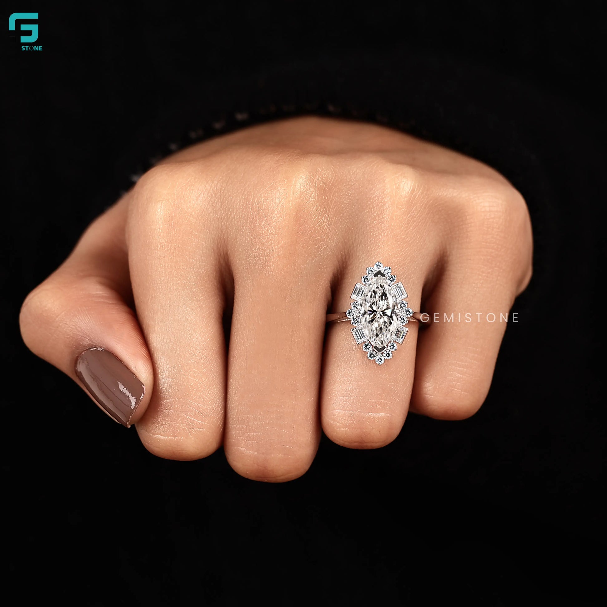 2CT Marquise and Baguette Halo Lab Diamond Wedding Ring For Women
