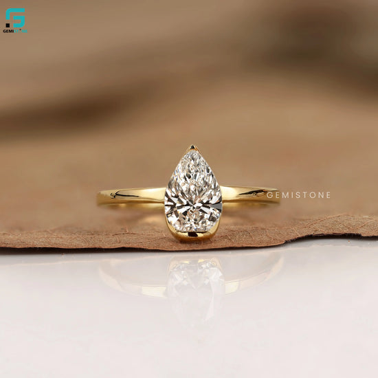 2CT Pear Cut Lab Diamond  Half Bezel Set Wedding Ring 