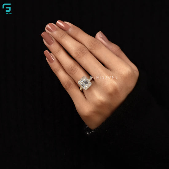Emerald Cut Cluster Double Halo Lab Grown Diamond  Ring