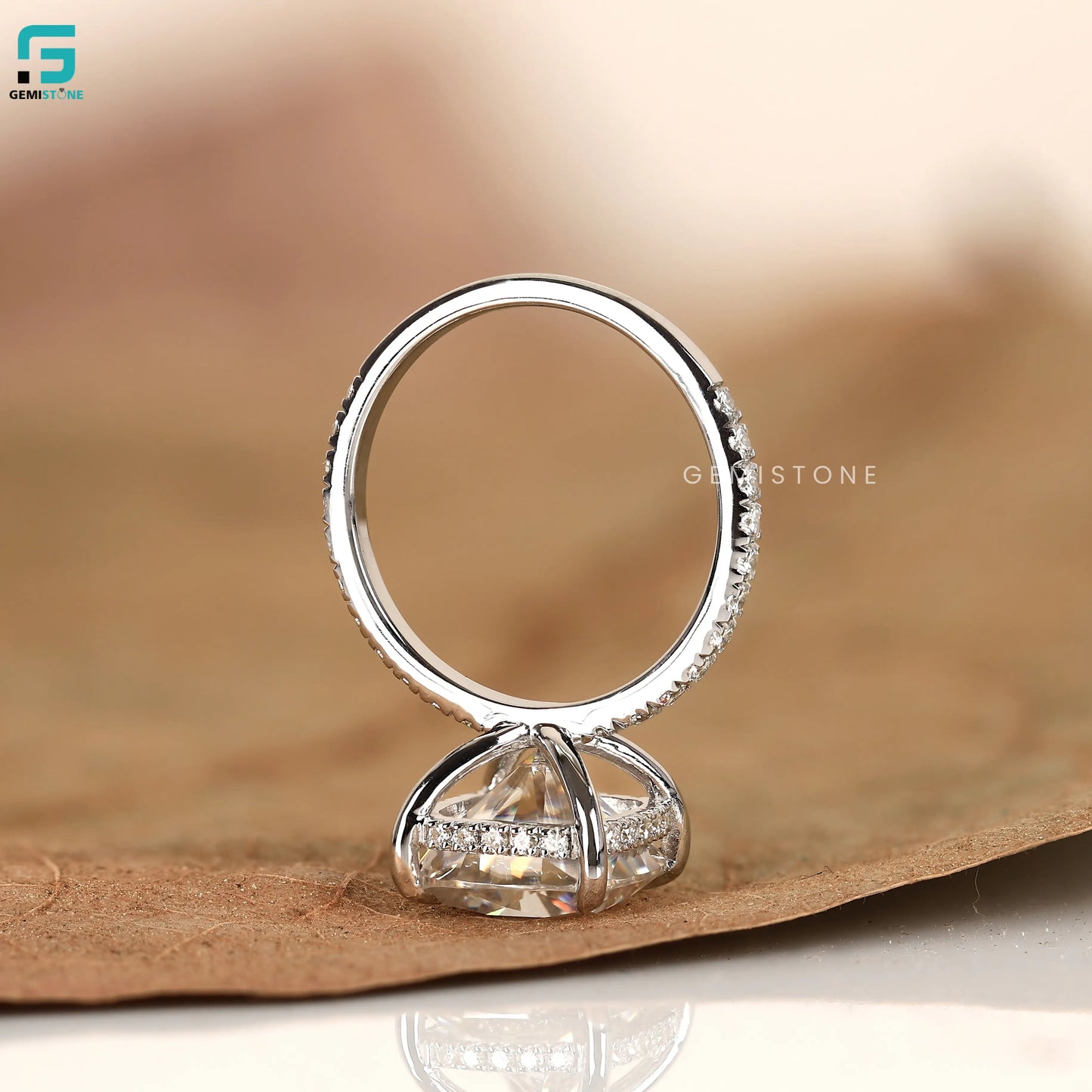 Hidden Halo Lab Diamond Cushion Cut Pave Band Engagement Ring