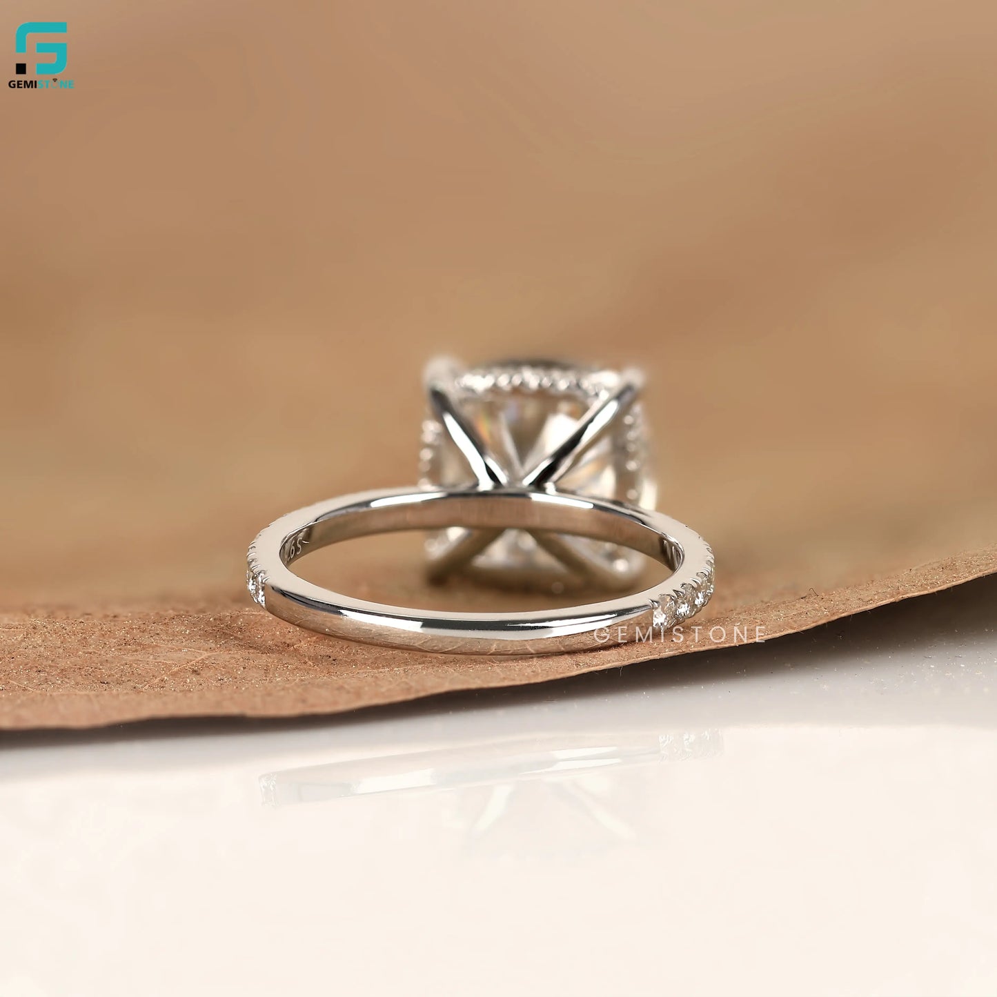 Hidden Halo Lab Diamond Cushion Cut Pave Band Engagement Ring