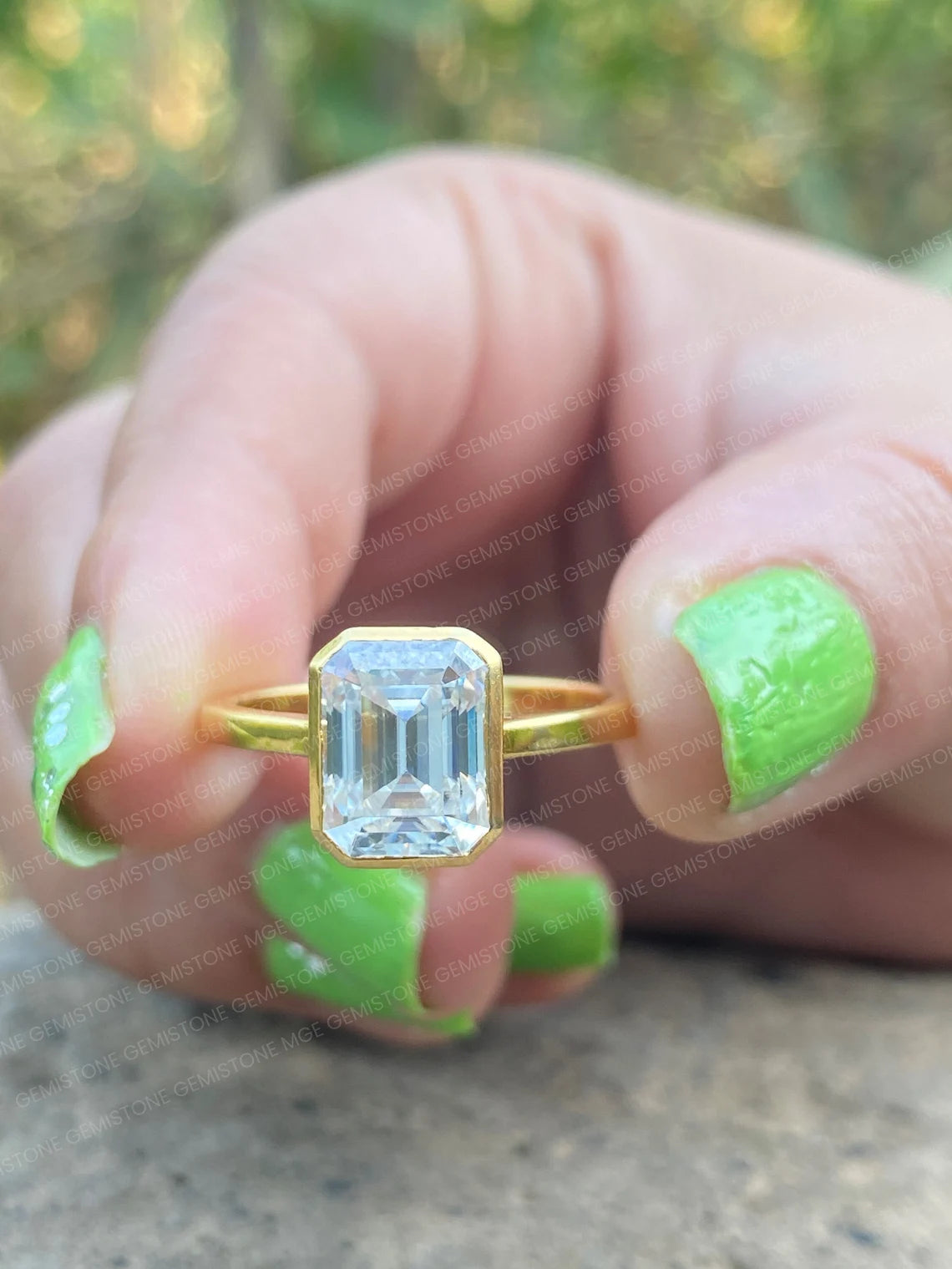 3CT Emerald Cut Moissanite Bezel Set Solitaire Engagement Ring
