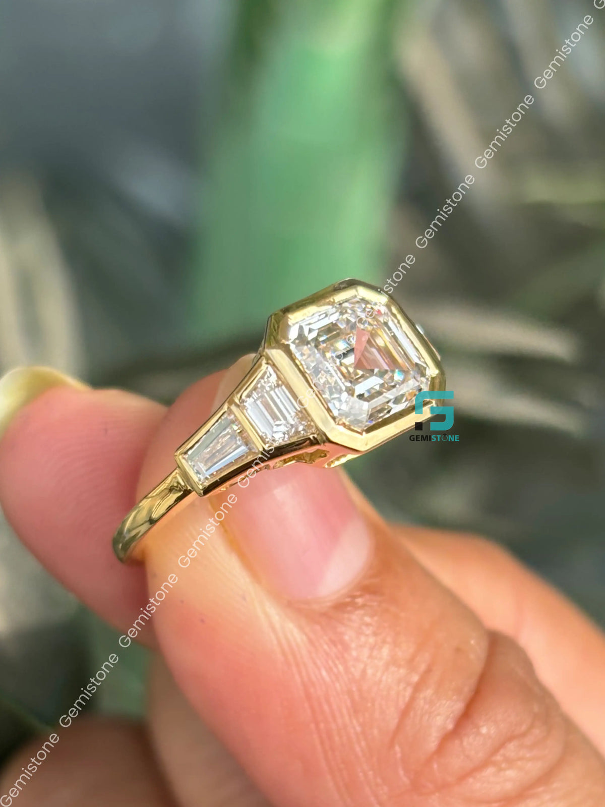 3CT Asscher Cut Bzezel Set Moissanite Five Stone Wedding Ring