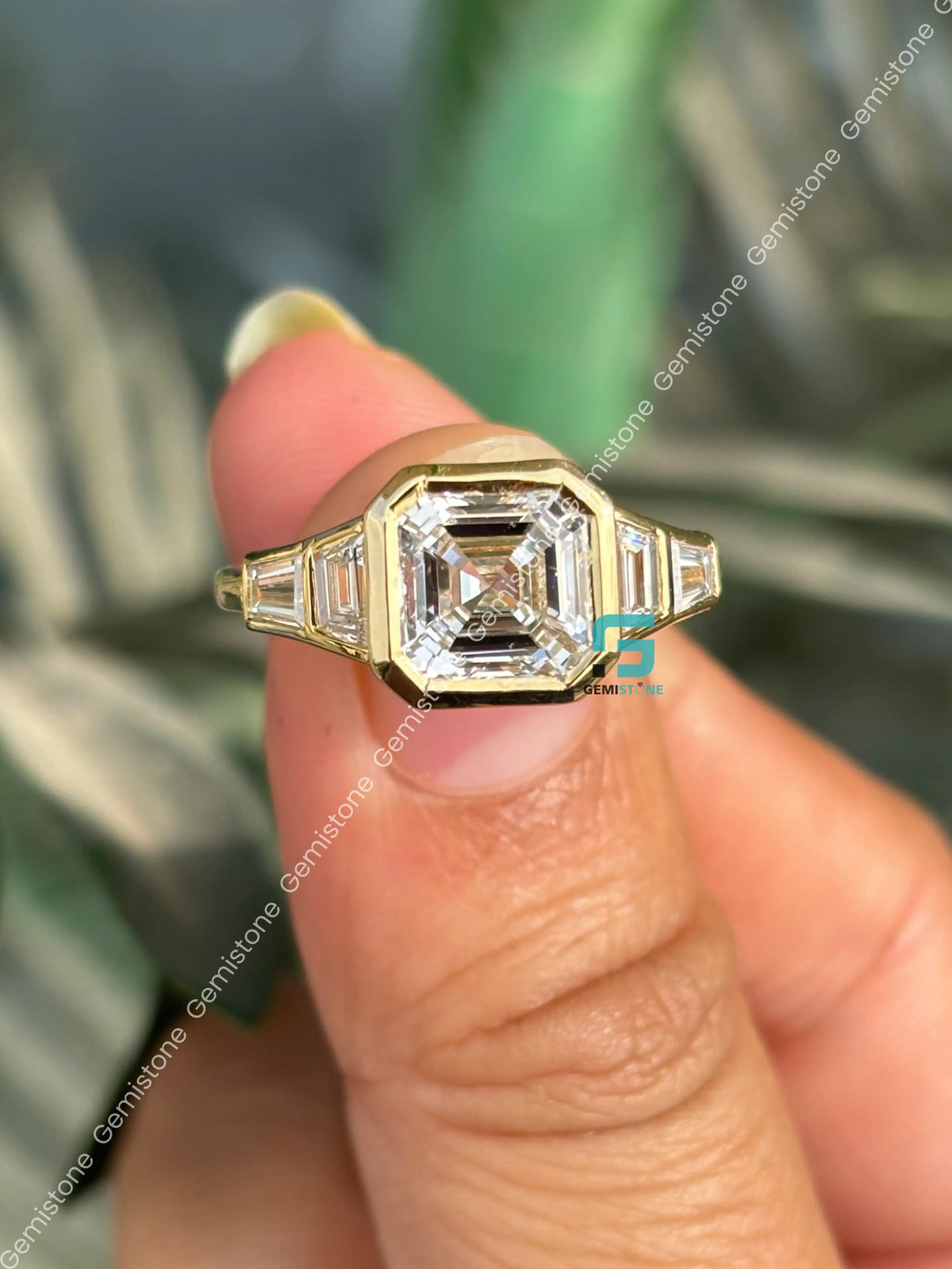 3CT Asscher Cut Bzezel Set Moissanite Five Stone Wedding Ring