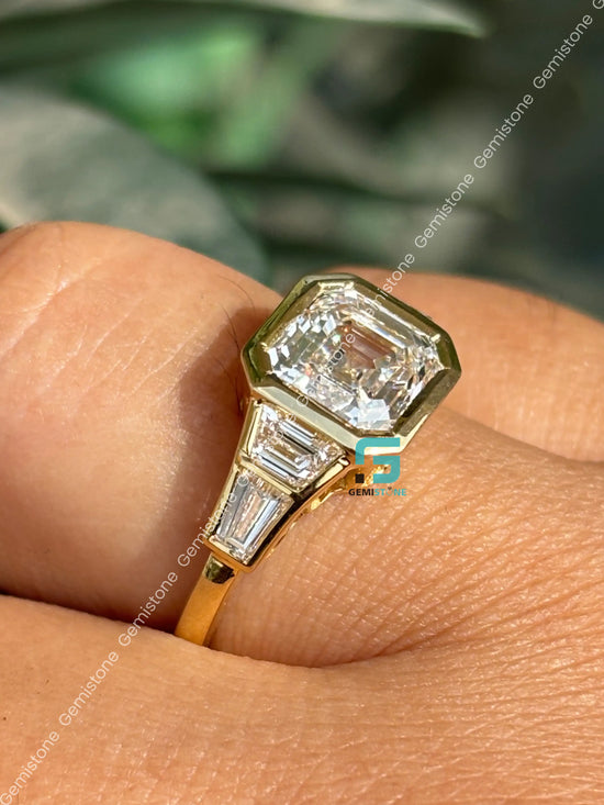 3CT Asscher Cut Bezel Set Moissanite Five Stone Wedding Ring